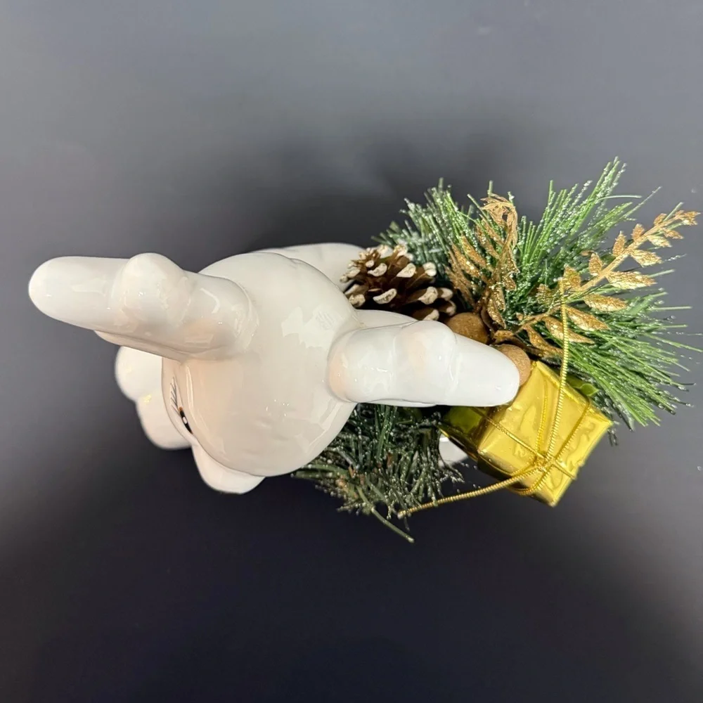 1990’s White Ceramic Sitting Reindeer Planter Holiday Gold Bow & Greenery EUC